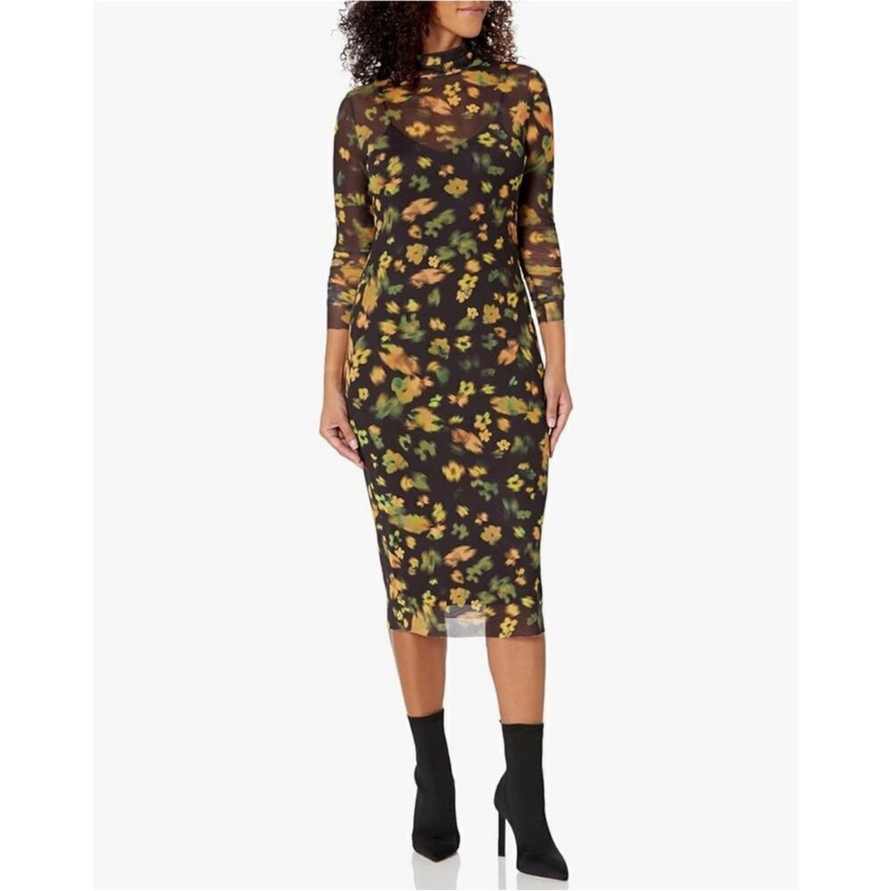 Steve Madden Vivianne Floral Black and Yellow Turtleneck Mesh Dress